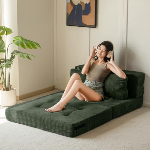 Image of MAXYOYO Convertible Sofa Bed, Fold Out Sofa Couch with Pillow for Adults | Loveseat Sofa 4 in 1 Tufted Folding Couch Bed Foam Floor Couch, Lazy Chair for Living Room Bedroom Guest Room, Dark Green