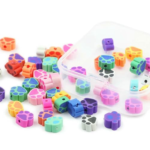 Kit de bricolaje con 50 cuentas sueltas de arcilla polimérica con forma de huella de gato para hacer joyas, pulseras, collares, juguetes y accesorios. 1 caja.