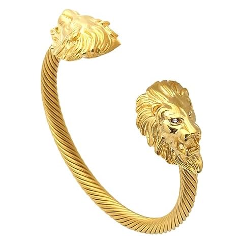 Heavstjer Hip Hop 18K Gold Stainless Steel Lion Head Cable Bracelet Animal Cuff Bracelet(Gold) Cover