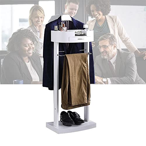 Perchero de madera maciza con estante de cajón, barra para pantalones y soporte en C, ideal para oficina, sala de estar, dormitorio, perchero de pie