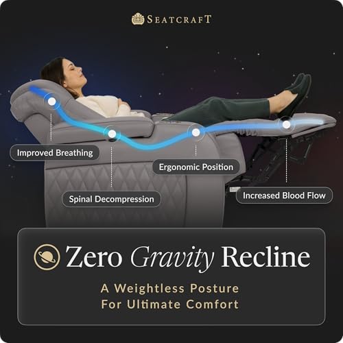Image of Seatcraft Diamante Gray Italian Leather Home Theater Seating, Zero Gravity Power Recliner Gaming and Home Office Chair, Powered Headrest Lounge Sofa Furniture for Cinema Room, Row of 3 Sofa