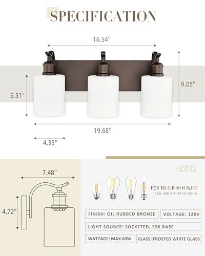 Image of 3 Light Bathroom Vanity Light, Morden Vanity Lighting Fixtures Over Mirror Oil Rubbed Bronze Bathroom Sconces Wall Lighting with Milky White Frosted Shade ZCVL01ORBW-3