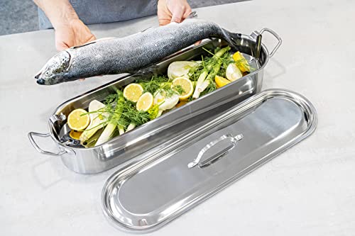Foto von KitchenCraft Clearview Fischdünster, Länglicher Fisch Kochtopf für Induktion, Gas und Elektrokochfelder und Herde, Kochtopf mit Deckel, Edelstahl Silber, 61.5 x 18.5 x 10.5 cm