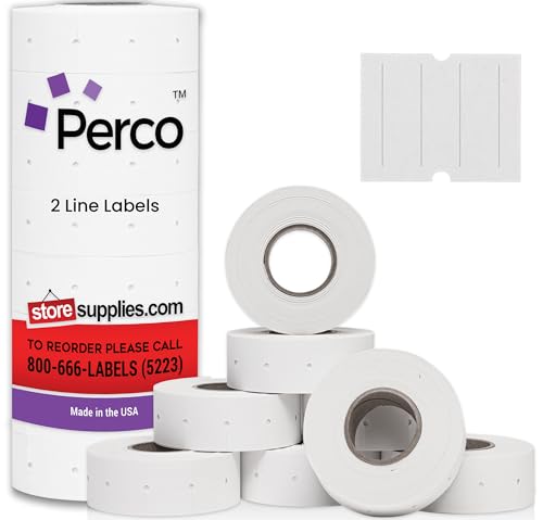 Perco 2 Line White Labels - 8 Rolls, 1 Sleeve, 6,000 Blank Price and Date Gun Labels for Perco 2 Line Price and Date Guns - Made in USA