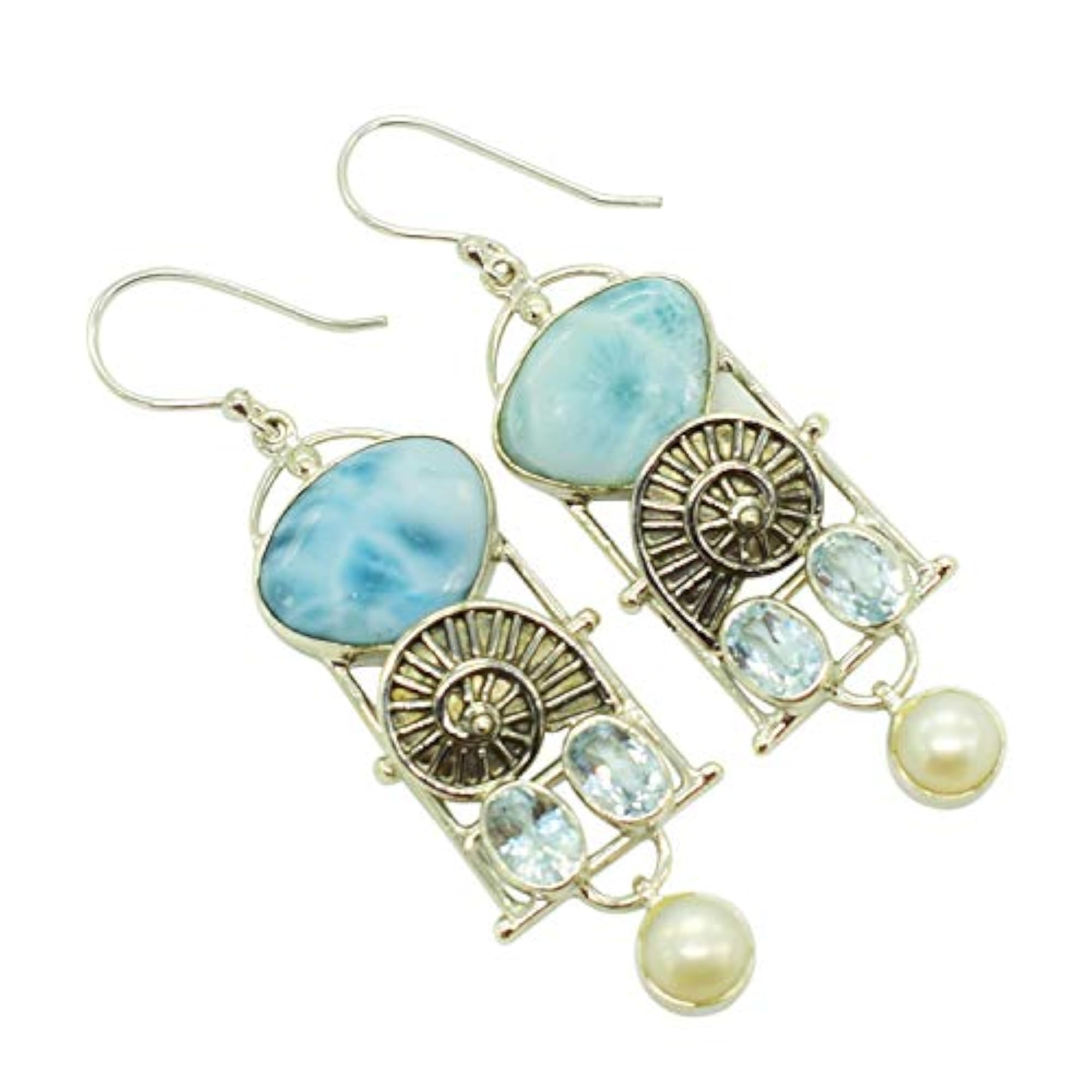Women's Larimar, Blue Topaz & Pearl Dangle Earrings, Handmade Gift