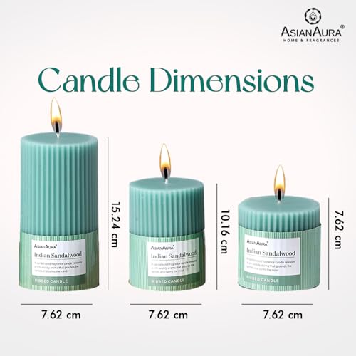 Image of ASIAN AURA Ribbed Pillar Candles - Pack of 3 | Scented Candles for Home Decor, Gifting & Festive Use | Long Burn time up to 36hrs | Clean-Burning Wax & Smokeless Flame (Indian Sandalwood)