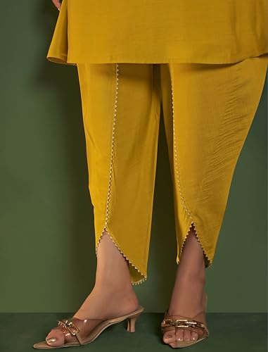 Kurta jaune Chanderi et pantalon tulipe brodé avec dupatta Chinon pour femme - 6