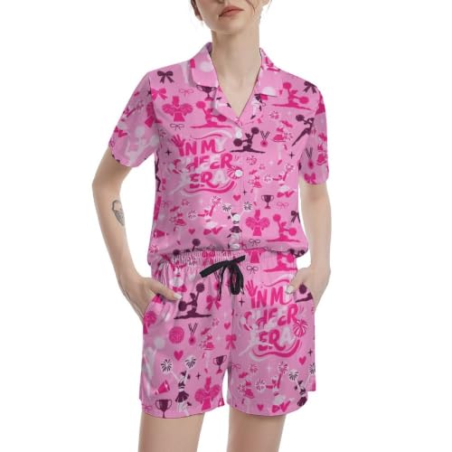 Image of Funny Pajamas for Women Set Print Satin Loungewear Pjs Short Sleeve Button Down Top and Shorts Sets Sleepwear XS-3XL