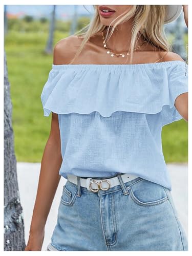SweatyRocks Women's Off The Shoulder Blouse Short Sleeve Ruffled Summer Tops3