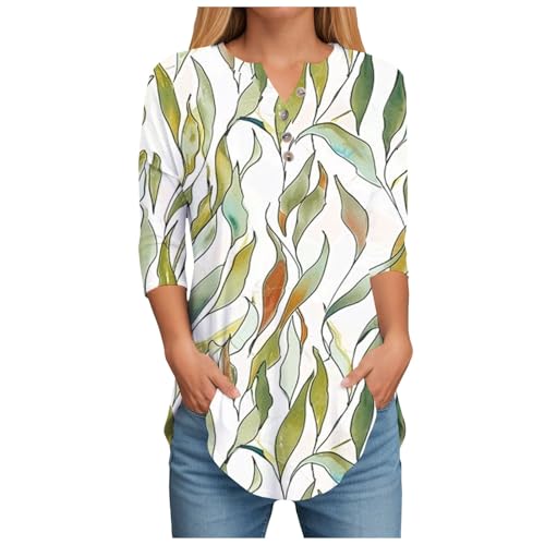 Camiseta de manga 3/4 para mujer Henley Top con flor impresa casual holgada camiseta túnica mujer Camisas Tops, Lg 3, S