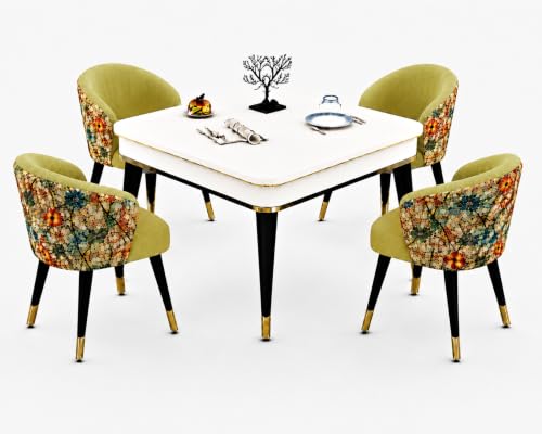 Image of WOODEN SPACE 4 Seater Wooden Dining Table Set | Urban Marble Top Dining Table with Chairs for Dining Room & Kitchen (Modern Classic Print Light Green) (42 x 42 x 30 inch)