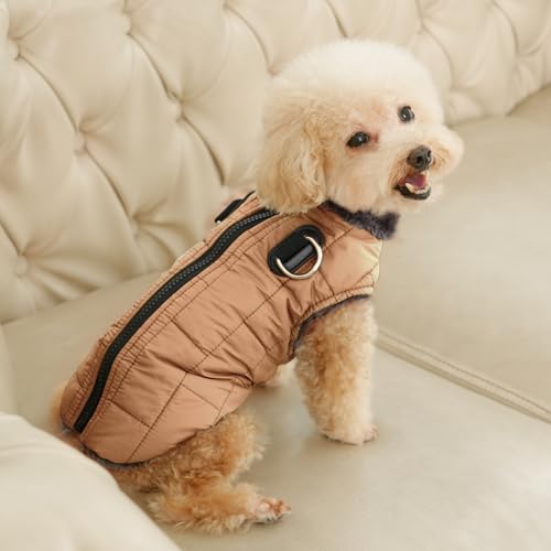 JoyDaog Warmer Fleece-Hundemantel mit strapazierfähigem Geschirr und D-Ring, wasserdichte Welpenjacke für kleine Hunde, Hundeweste für den kalten Winter, brüniertes Khaki, Größe M