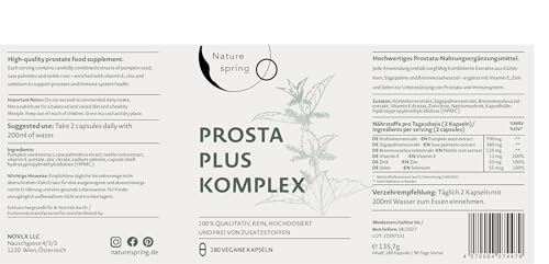 Prosta Plus Komplex - 180 Prostata Kapseln hochdosiert - einzigartige Formel aus Kürbiskern-, Sägepalmen-, Brennnesselwurzelextrakt mit Zink, Vitamin E & Selen - geprüfte Prostata Komplex Kapseln