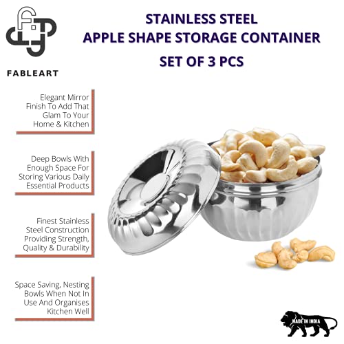 Image of Stainless Steel Stackable Apple Shape Storage Bowl Container Set of 3 Pcs: 500ml, 750ml & 1100ml for Storing & Serving Purposes