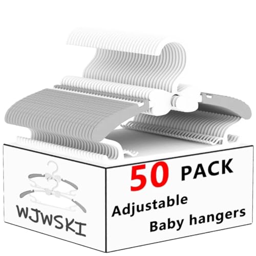 Image of WJWSKI Kids Hangers for Closet, 50 Pack Baby Clothes Hanger, Adjustable Toddler Hangers for Boy Nursery, Cascading Plastic Perchas for Newborn Babies Children Infant, Space Saving Perchas Bebés, Grey