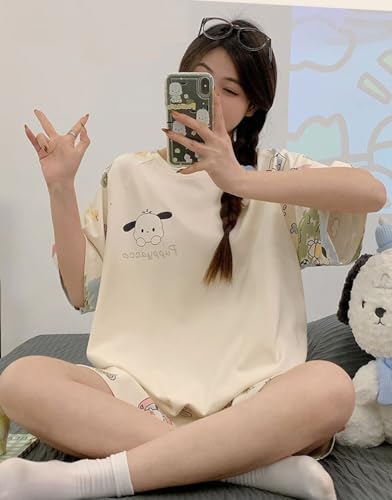 Cartoon Printed Pajamas Set Petite Women Girls Short Sleeve Sleepwear Nightwear Shirt and Shorts 2 Piece Lounge Sets2