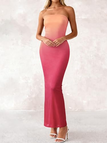 Image of PRETTYGARDEN Women Summer Strapless Maxi Dress Bodycon Floral Sexy Long Wedding Guest Dress Formal Tube Mesh Cocktail Dresses