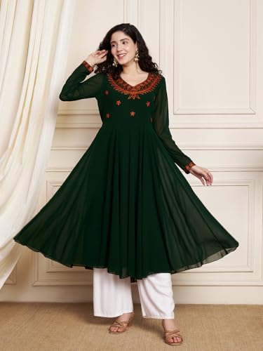 Image of Poshak Hub Women Green Ethnic Motifs Aari Work Georgette Anarkali Kurta