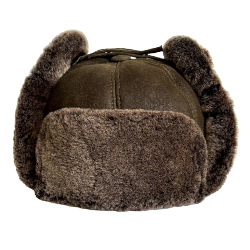 Image of Leather Aviator Russian Ushanka Trapper Shearling Sheepskin Fur Ear Flap Waterproof Winter Hat
