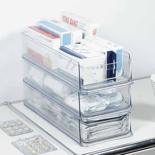 Image of 3 Tier Desk Drawer for Corner, Plastic Storage Organizer for Coffee Station, Under Sink, Bathroom Countertop and Kitchen Cabinet, Clear Stackable Pull Out Container, Short