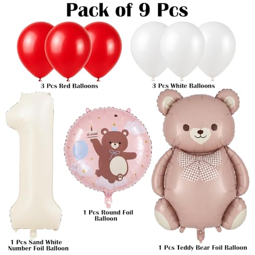 Image of Rozi Decoration Teddy Bear Birthday Balloon Set with Number 1 Foil Balloon, Round Printed Balloon & Latex Balloons, First Birthday Decoration Kit for Baby Boy & Girl Party