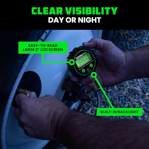 Image of Rhino USA Digital Tire Pressure Gauge (0-250 PSI) - Professional ANSI B40.7 Accurate, Easy Read Glow Dial, Premium Braided Hose - Heavy Duty Air Guage for Truck Tires, Cars, Semi, RV & More!