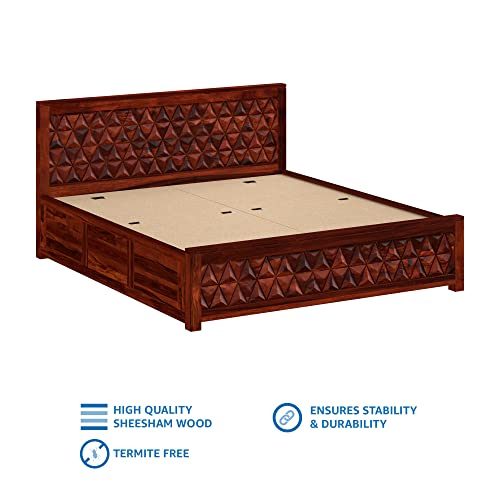 Image of STRATA FURNITURE Solid Sheesham Wood Navis King Size Bed with Box Storage | Palang Cots Wooden Double Beds | Ideal Furniture for Living Room Bedroom and Hotel (Honey Finish)