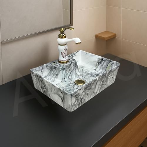Image of Artiva Ceramic Wall Mounted Bathroom Basin /Designer Table Top Sink For Bathroom /Wall Hung Washbasin /Wash Basin For Cabinet, Countertop, Vanity (Canyon Silver 16 x 12 x 5 Inch)