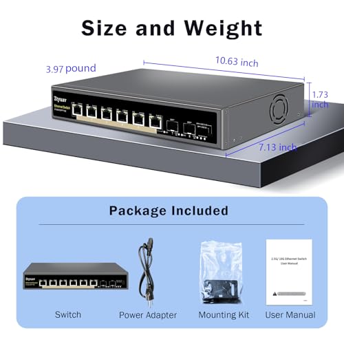 Image of 8 Port Unmanaged 10Gbe Ethernet Switch with 6 x 10Gb RJ-45 Ports, 2 x 10Gb SFP+ Ports, Ports Speed Auto-Negotiation-1000M /2.5G /10G, One-Key VLAN, Build in Cooling Fan & Metal Shell, Plug & Play