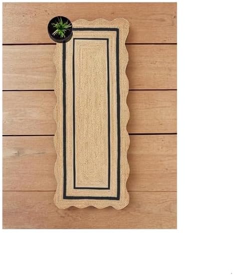 Alfombra de yute festoneado natural para entrada, alfombra de pasillo trenzada de yute para cocina, alfombra reversible de yute para interiores y