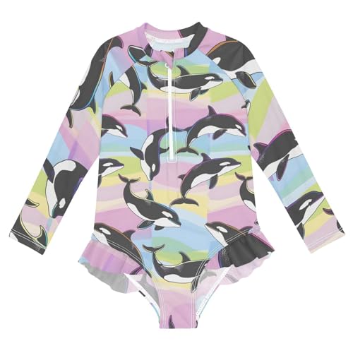 Girls One Piece Swimsuits Long Sleeve Swimsuit Zipper Bathing Suits Rainbow Orcas Rainbow