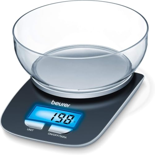 Beurer KS 25 Balanza de cocina con bol transparente, función auto-tara, 3 kg/1 gr, pantalla LCD azul (6.6 x 2.8 cm), altura pantalla 2.2 cm, color negro plata Beurer KS 25 Balanza de cocina con bol transparente, función auto-tara, 3 kg/1 gr, pantalla LCD azul (6.6 x 2.8 cm), altura pantalla 2.2 cm, color negro plata