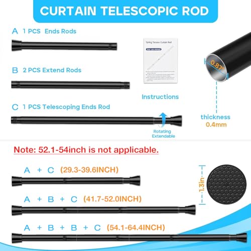 Image of Black Tension Curtain Rod 30 to 64 Inch,Adjustable Curtain Rod | Shower Tension Curtain Rod No Drilling,7 /8 inch Spring Curtain Rods for Windows Closet Doorway Door