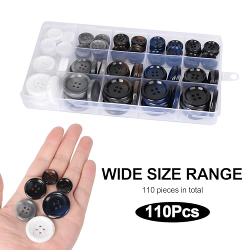 Image of 110Pcs Mixed Sewing Buttons, 4-Hole Craft Round, 5 Color 3 Size(15mm,20mm,25mm) Suit Coats Blazer Resin Button, Suitable for Variety Clothing Sewing, DIY Craft (White,Grey, Brown,Blue, Black)