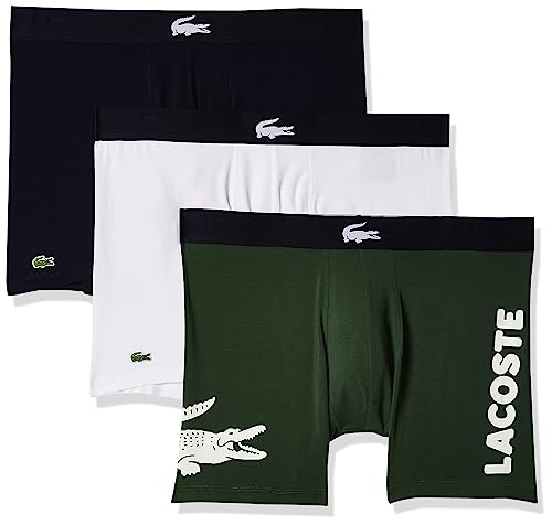 Lacoste Men's Cotton Stretch Big Croc Print Boxer Briefs, 3-pack, Dusty Olive/Navy Blue/White (New...