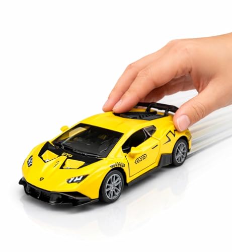 Image of 1:36 Scale Lamborghini Huracan STO Die-Cast Car - Alloy Pull Back Toy Vehicle with Openable Doors, Realistic Detailing Sports Car Model for Kids, Boys & Collectors (Yellow)