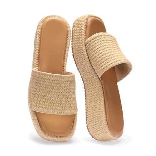 Image of Monrovia Platform Sandals Women Raffia Espadrille Slides, Woven Straw Flatform Beach Sandals Women, Slip On Summer Vacation Shoes, Comfortable Casual Daily Wear