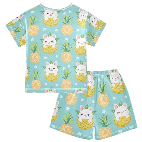 ALAZA Cute Cat Kitten Pineapple Pajamas Set Short Sleeve Cotton Sleepwear Summer Pjs 2 Piece 5-14Y2