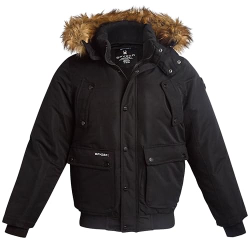 Spyder Mens Puffer Jacket - Heavyweight Wind and Water Resistant Parka Coat Insulated Winter Jacket for Men w/Faux Fur Hood, Size Medium, Black