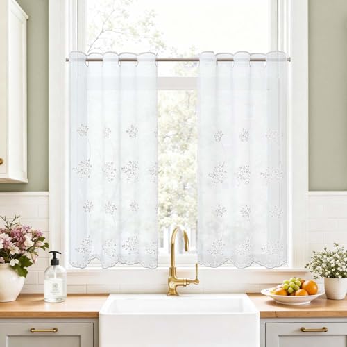 TOPICK Rideau Cuisine Voilage Brise-Bise, Petits Rideaux Courts, 65L x 90H(cm) Lot de 2 à Passe-Tringle, Blanc avec Broderie Blanche, Style Champêtre pour...