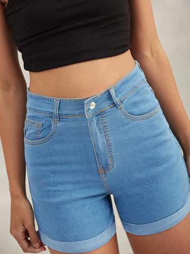 Image of Dolce Crudo Women's Relaxed Fit Mid-Rise Denim Shorts with Adjustable Waist & Frayed Hem