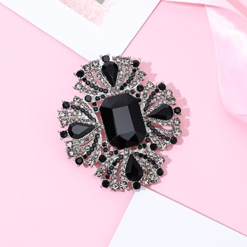 Image of Telooco Crystal Rhinestone Brooches 2.6 inch*2.3 inch Crystal Brooches for Women,Shiny Big Vintage Austrian Brooches for Women for Dance Party(Black)
