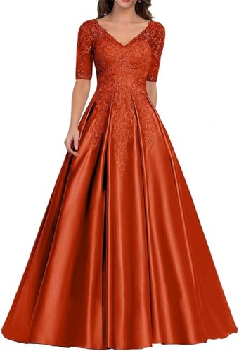 V Neck Mother of The Bride Dress Long Satin Prom Dresses Lace Applique Formal Evening Gown with Sleeve