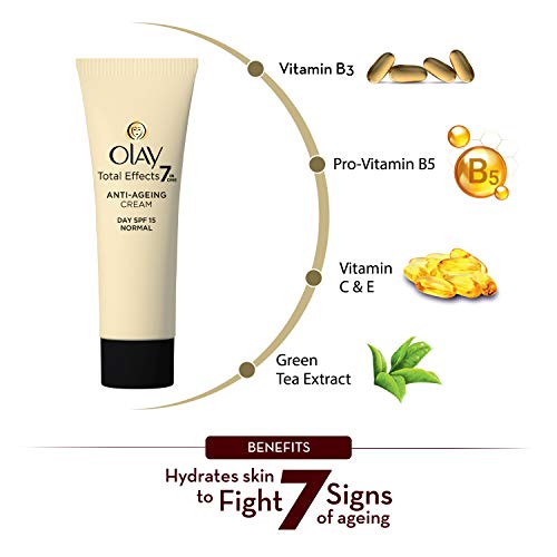 Image of Olay Total Effects Day Cream |with Vitamin B5, Niacinamide, Green Tea, SPF 15 |Fights 7 signs of ageing for glowing, hydrated and younger looking skin with UV protection |Suitable for Normal, Dry, Oily & Combination skin |8 gm