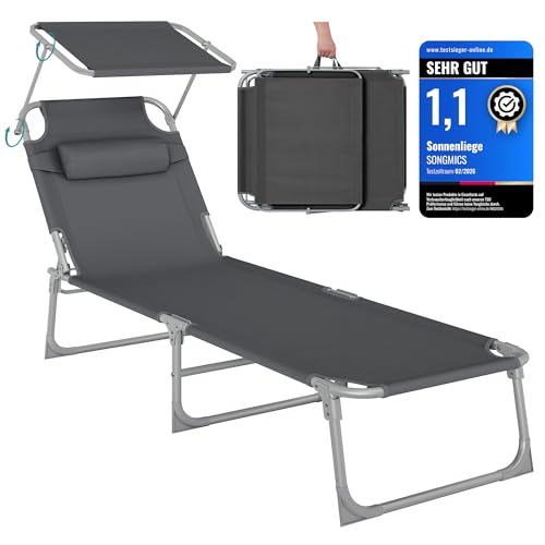 SONGMICS Sonnenliege, klappbarer Liegestuhl, 193 x 53 x 29 cm, trägt bis zu 150 kg, Sonnenschutz, Kopfkissen, verstellbare Rückenlehne, für Garten, Pool, Terrasse, dunkelgrau GCB19UV1