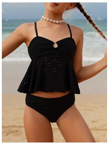 OYOANGLE Girl's 2 Piece Tankini Swimsuit Ring Linked Eyelet Embroidery Swimsuit Bathing Suit2