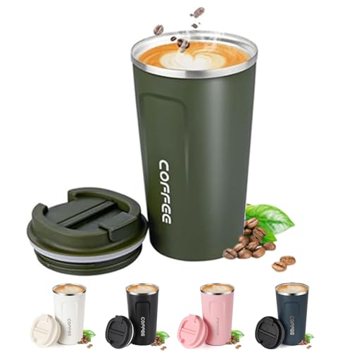 Senshuomy Travel Coffee Mug Spill Proof,Insulated Coffee Mug to Go,Coffee Tumbler,Reusable Coffee Cups with Seal Lid,Thermos Cup for Keep Hot/Ice Coffee,Tea and Beer (Green/510ml)