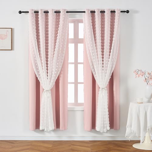 Image of Light Pink Curtains Blackout with Pom Pom Sheer 4 Panels 52x84 Inches Long