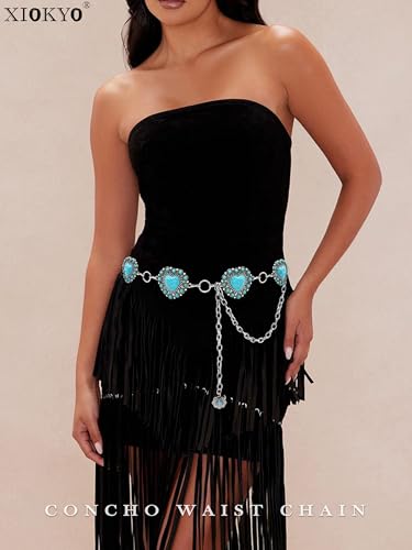Turquoise Belt Silver Western Chain Belt Cowgirl Concho Belts for Women4