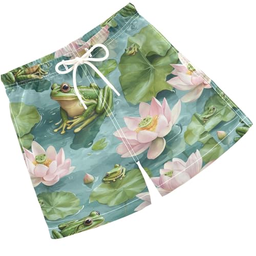 Pigsaly Boys' Swim Board Shorts Lotus Flowers Summer Watercolor Green Frogs Boy's Swim Trunks Kids Swimwear 2T